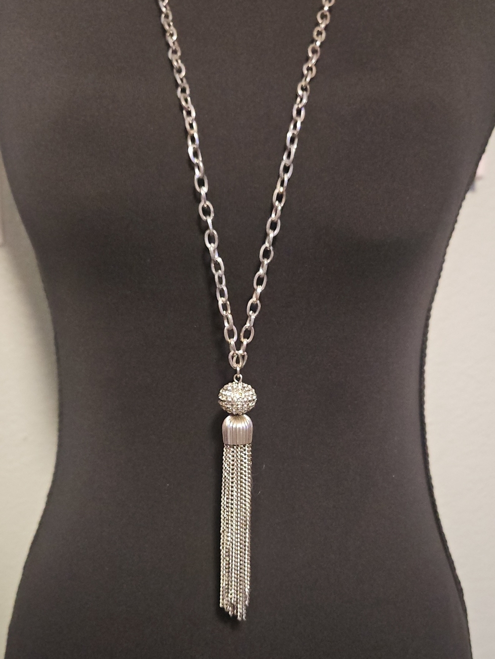 Silver Crystal Tassel Pendant Necklace for Women